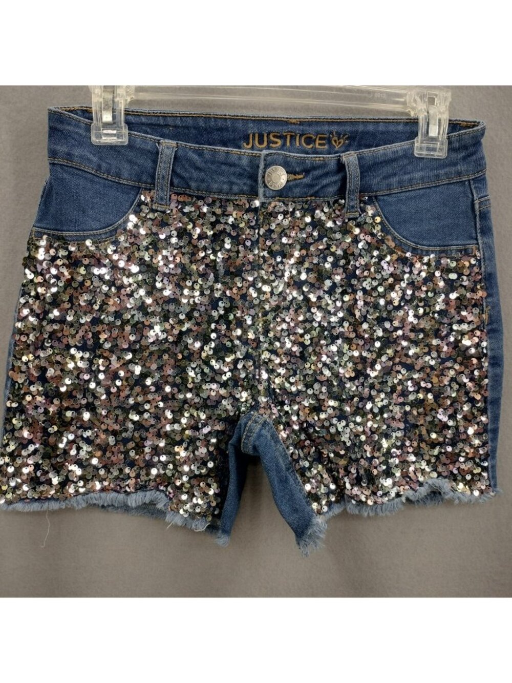 Justice Denim Shorts Girls 16 Midi Blue Colored Sequin Front Frayed Hem 28W 4L